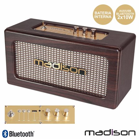 Coluna Bluetooth Vintage 2X10W Usb Mogno Madison