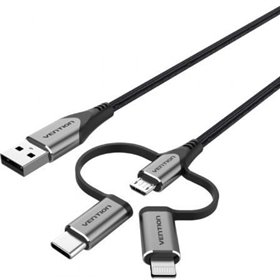 Cabo USB 2.0 Tipo-C Vention CQJHF, USB Macho, USB Tipo-C Macho - MicroUSB Macho - Lightning Macho, 480Mbps, 1m, Cinza
