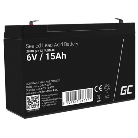 Bateria Chumbo Gel AGM 6V 15A GREEN CELL