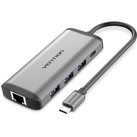 Dock USB Tipo-C Vention CNDHB, 1xHDMI, 3xUSB, 1xUSB Tipo-C PD, 1xRJ45, 1xLeitor de cartões, Cinza