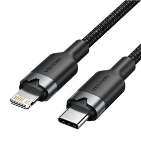 Cabo USB Tipo-C Lightning Vention LALBF, USB Tipo-C Macho - Lightning Macho, 27W, 480Mbps, 1m, Preto