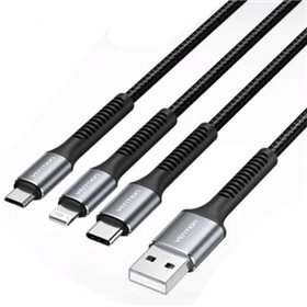 Cabo USB 2.0 Lightning Vention H18BAV, USB Tipo-C Macho, Lightning Macho - MicroUSB Macho - USB Macho, 1.2m, Preto